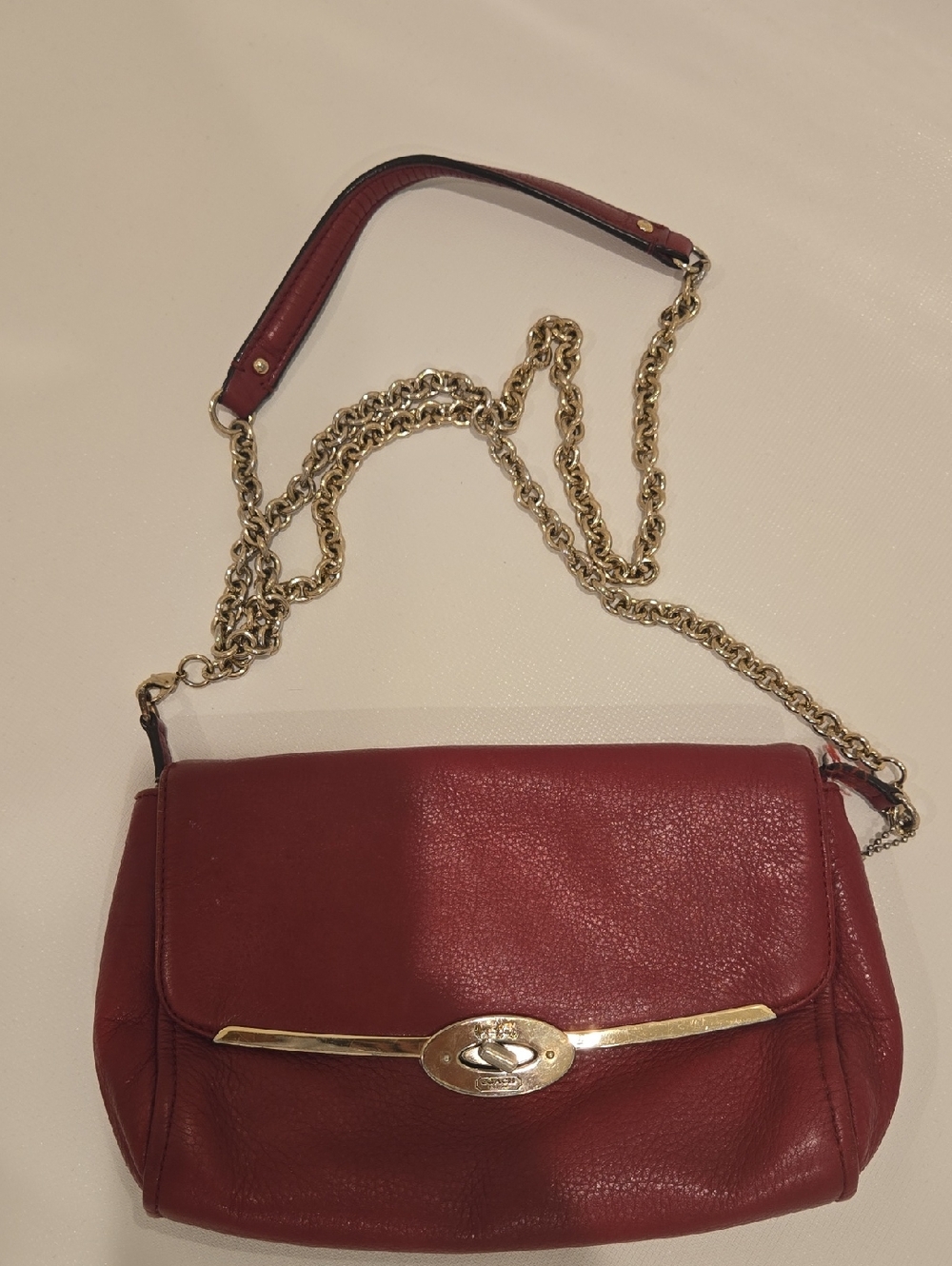 Coach Red Leather Shoulder Bag with Gold Chain Detail
